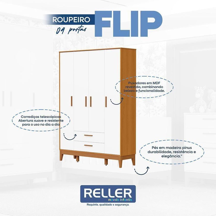 Guarda Roupa Infantil Flip 4 Portas De Bater 2 Gavetas MDF Branco Reller Móveis - imagem 3