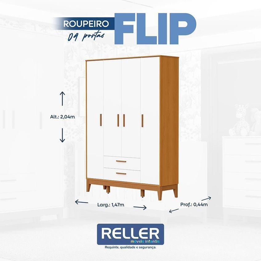 Guarda Roupa Infantil Flip 4 Portas De Bater 2 Gavetas MDF Branco Reller Móveis - imagem 4