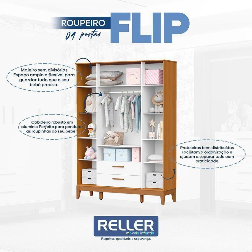 Guarda Roupa Infantil Flip 4 Portas De Bater 2 Gavetas MDF Branco Reller Móveis - imagem 5