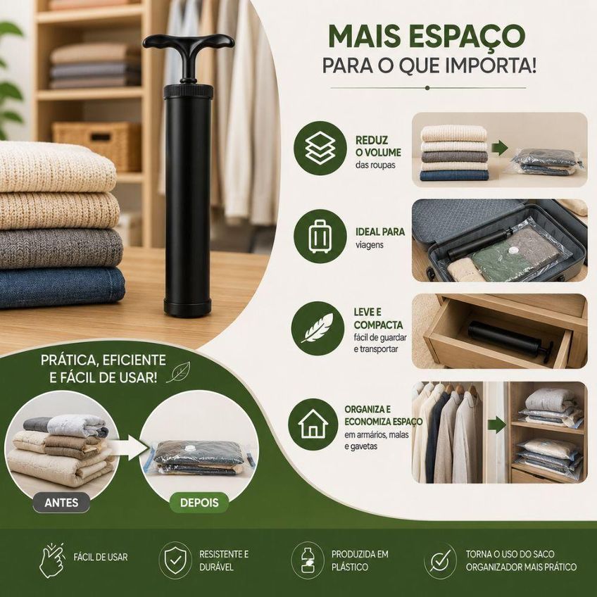 Bomba De Vácuo Manual Para Saco Organizador Plástico Retira Ar Roupas Viagem - imagem 3