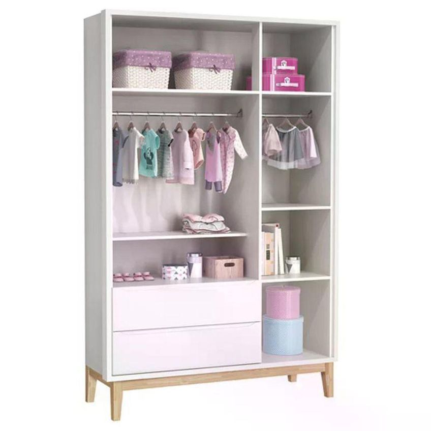 Jogo De Quarto Classic Guarda Roupa 3 Portas E Cômoda MDF Branco Fosco Com Pés Madeira Natural - imagem 2