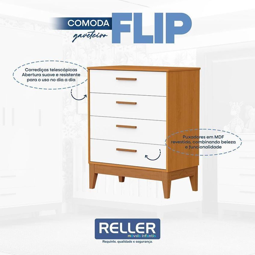 Jogo De Quarto Infantil Flip Cômoda 4 Gavetas E Berço Americano Branco Fosco Savana Reller Móveis - imagem 4