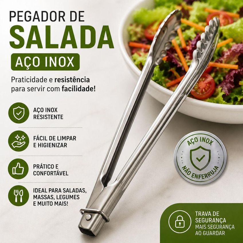 Pegador De Salada Em Aço Inox Resistente Multiuso Para Servir Massas E Alimentos Inox Top Rio - imagem 5