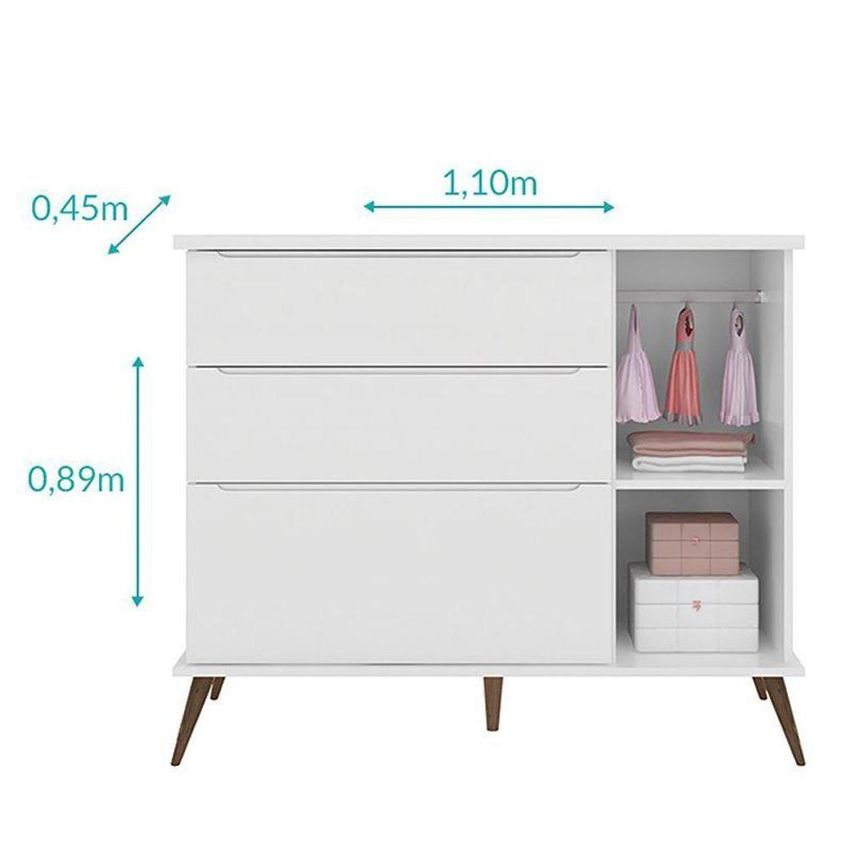 Jogo De Quarto Infantil Melinda Guarda Roupa 3 Portas Cômoda 1 Porta 2 Gavetas MDF Branco Phoenix - imagem 4