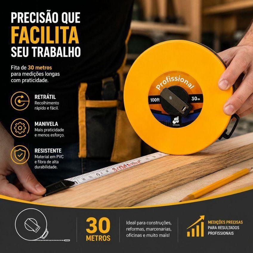 Trena Fita Métrica 30m Retrátil Com Manivela Profissional Amarelo - imagem 3