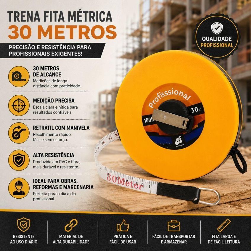 Trena Fita Métrica 30m Retrátil Com Manivela Profissional Amarelo - imagem 4