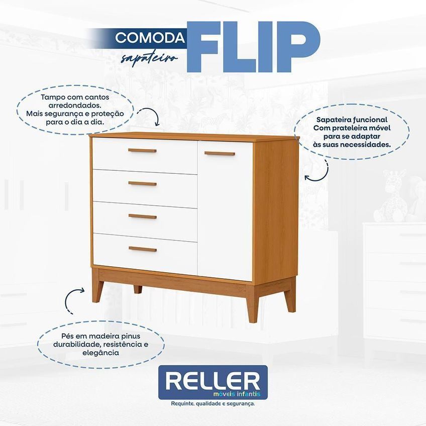 Cômoda Infantil Flip 1 Porta E 4 Gavetas Branco Fosco Savana Reller Móveis - imagem 3