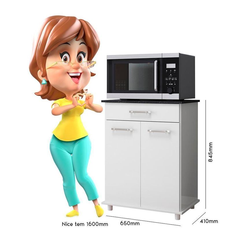 Balcão Moema 2 Portas 1 Gaveta MDP 65cm Branco Com Pés Palito - imagem 3