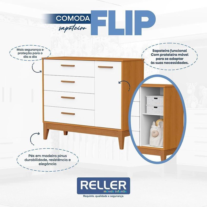 Cômoda Infantil Flip 1 Porta E 4 Gavetas Branco Fosco Savana Reller Móveis - imagem 4