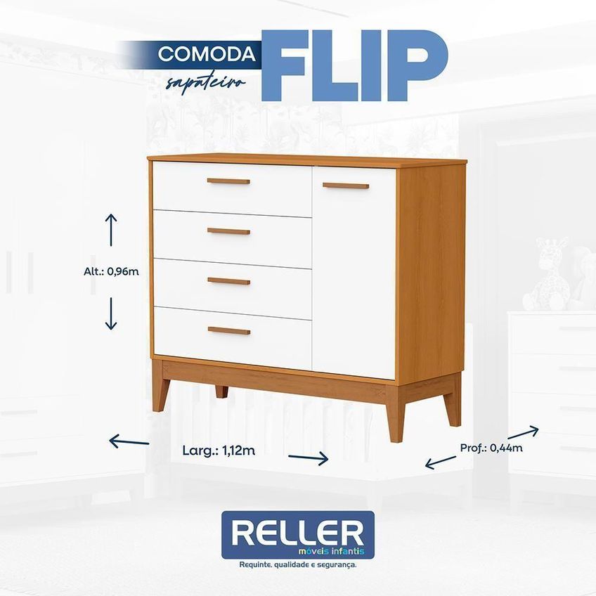 Cômoda Infantil Flip 1 Porta E 4 Gavetas Branco Fosco Savana Reller Móveis - imagem 5