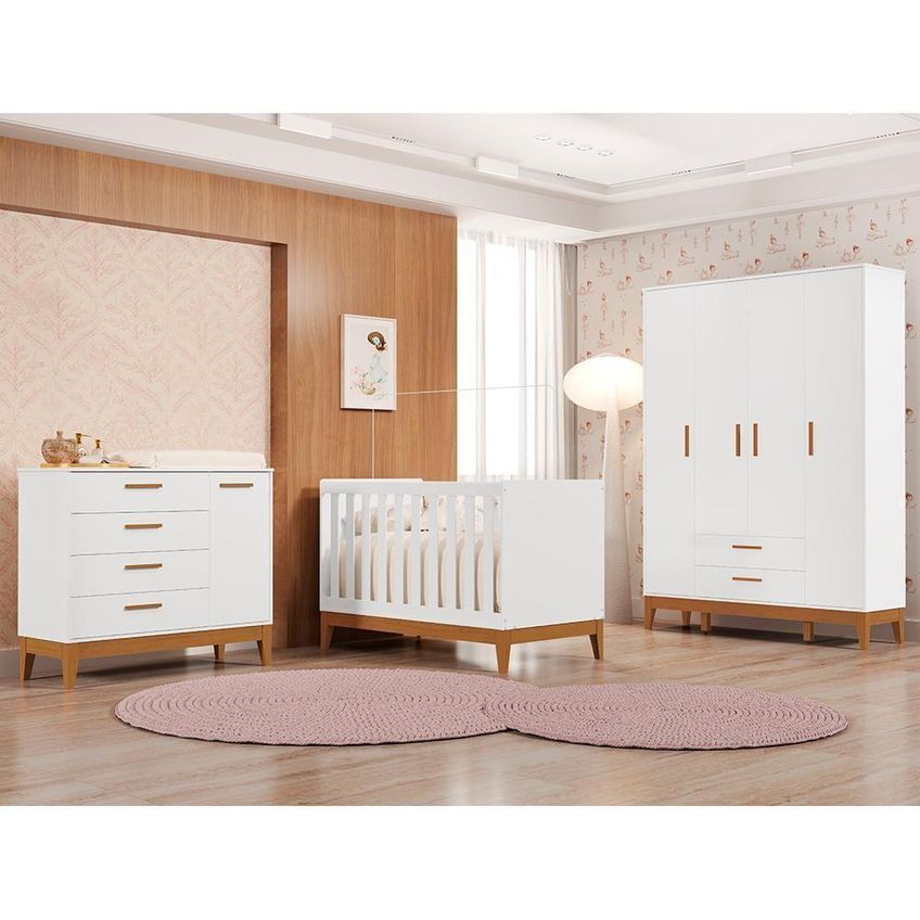 Conjunto De Quarto Flip Guarda Roupa 4 Portas Cômoda Berço Branco Fosco Reller Móveis - imagem 2