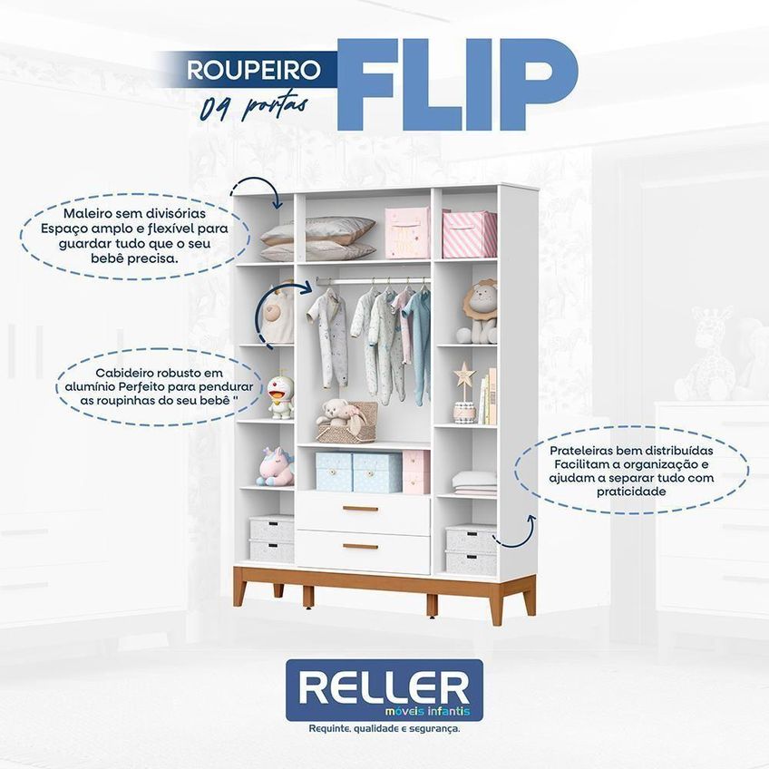 Conjunto De Quarto Flip Guarda Roupa 4 Portas Cômoda Berço Branco Fosco Reller Móveis - imagem 3