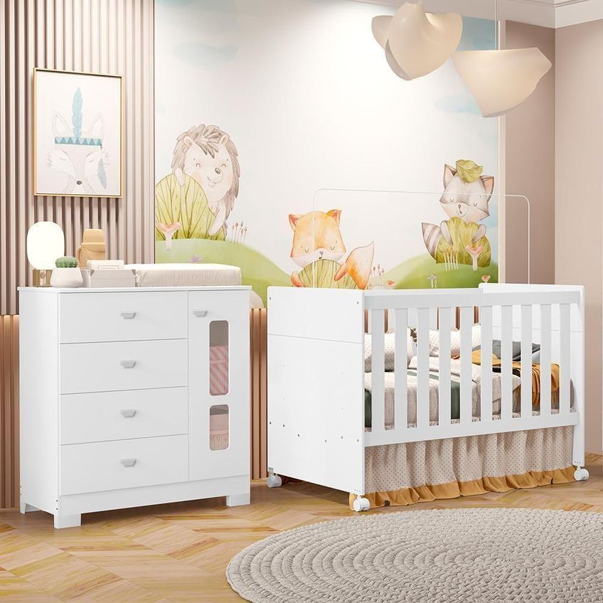 Jogo De Quarto Infantil Berço Americano New Katatau Mdf Colchão Não Branco Brilho Reller - imagem 4