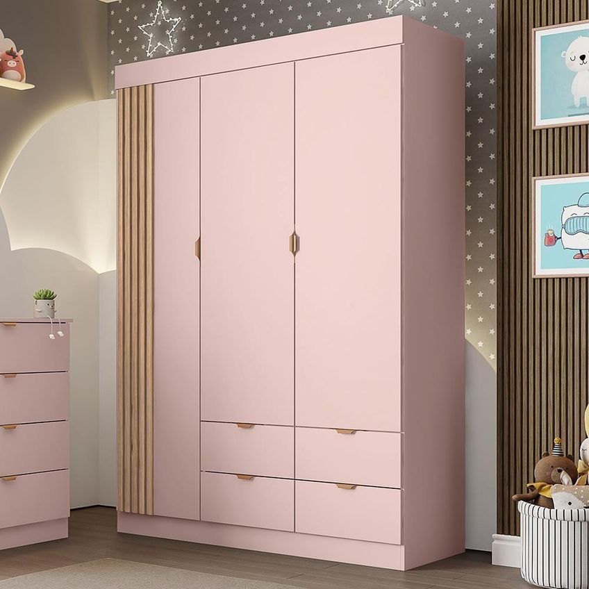 Guarda Roupa Infantil Ayla 3 Portas De Bater 4 Gavetas MDF Rosê Acetinado Phoenix Baby - imagem 2