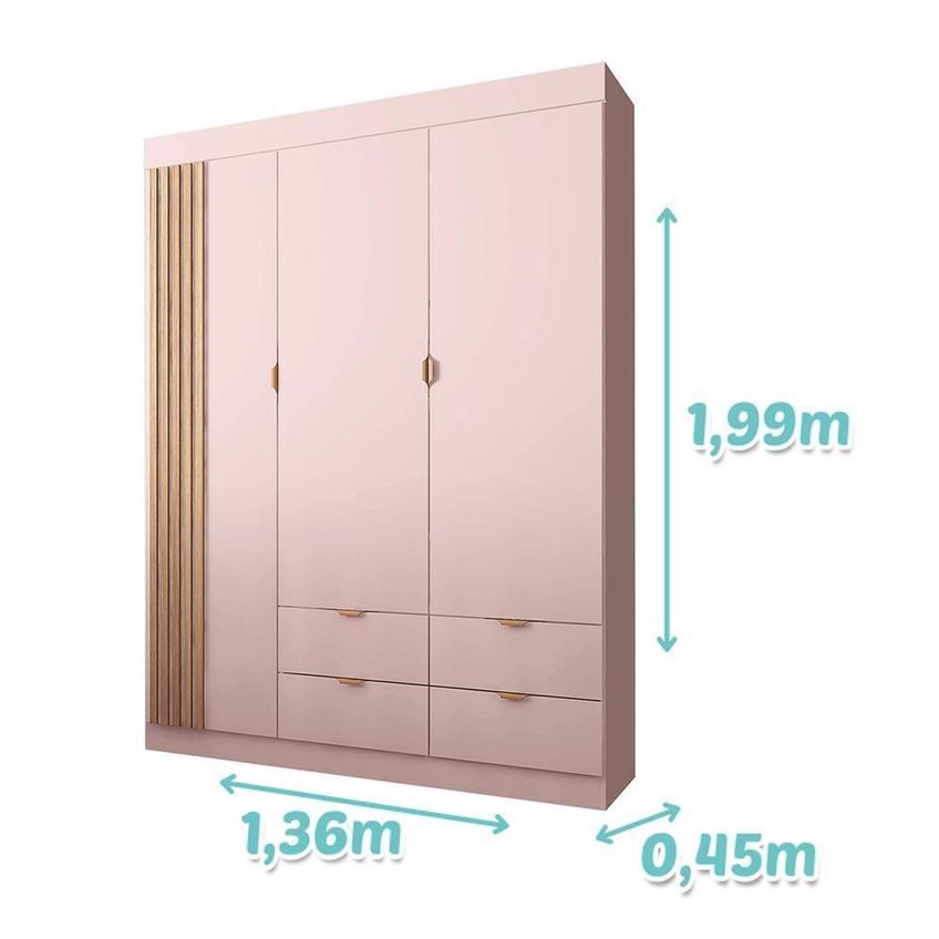 Guarda Roupa Infantil Ayla 3 Portas De Bater 4 Gavetas MDF Rosê Acetinado Phoenix Baby - imagem 4