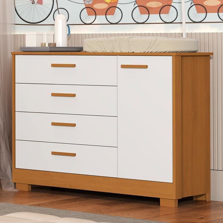 Cômoda Infantil Zaki 4 Gavetas MDF Puxador MDF Branco Fosco e Savana - imagem 3