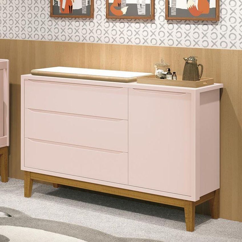 Cômoda Infantil Classic Com Porta E 3 Gavetas Rosa Fosco Com Pés Amadeirado Reller - imagem 3