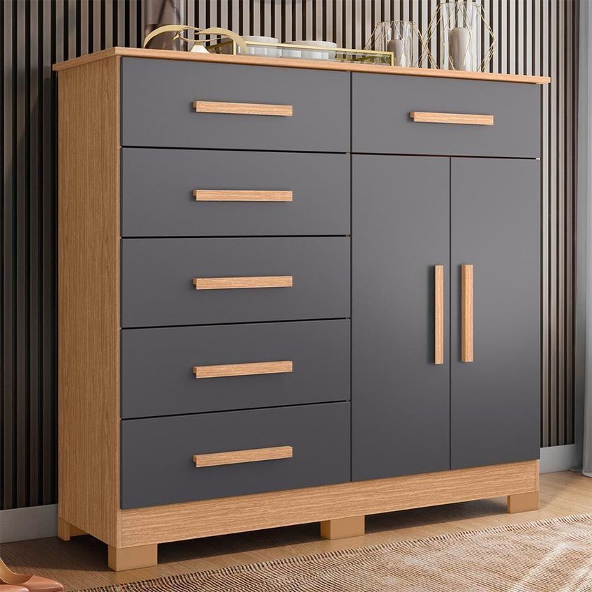 Cômoda Xangai 2 Portas 6 Gavetas Mdp 124cm Freijó E Titanium - imagem 4