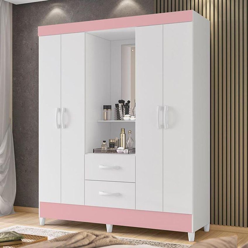 Guarda Roupa Casal Capelinha Mobi 4 Portas De Bater 2 Gavetas MDP Branco-rosa Albatroz Móveis - imagem 2