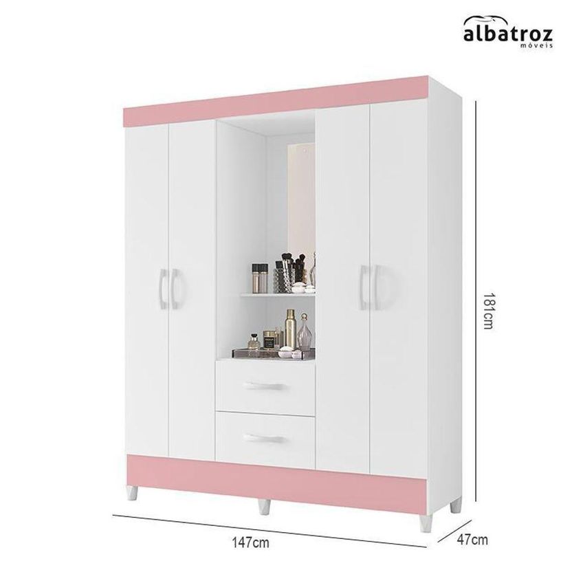 Guarda Roupa Casal Capelinha Mobi 4 Portas De Bater 2 Gavetas MDP Branco-rosa Albatroz Móveis - imagem 3