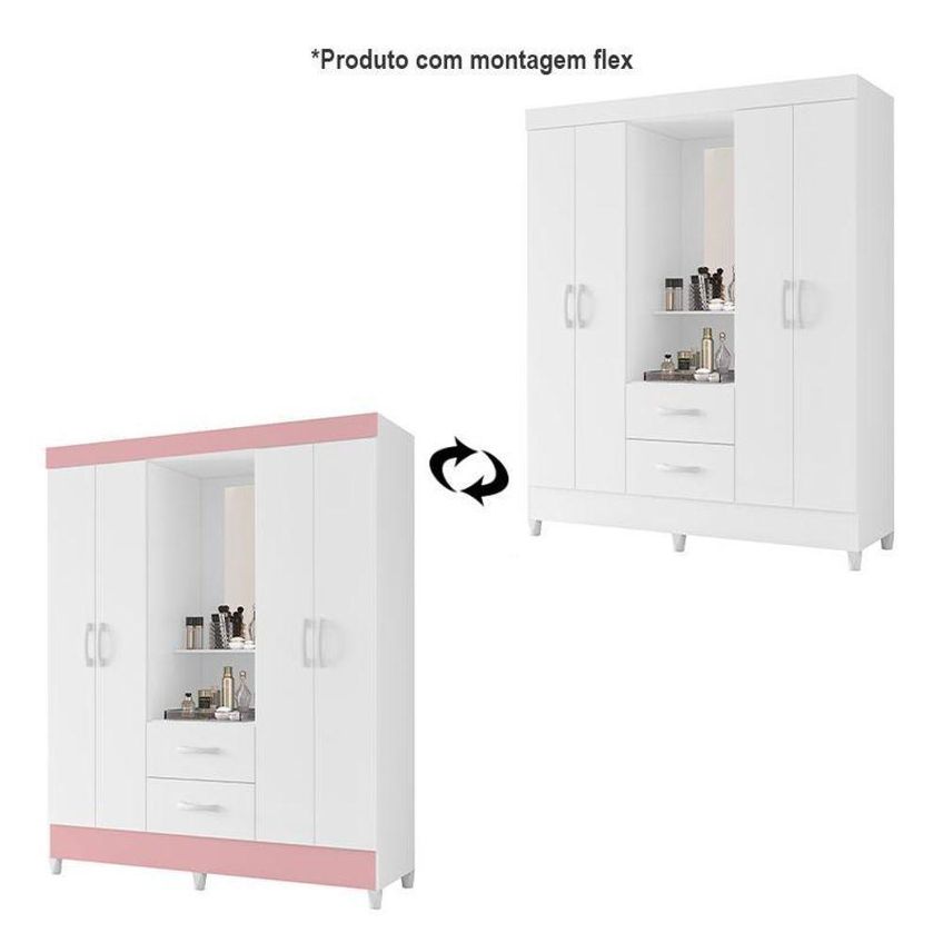 Guarda Roupa Casal Capelinha Mobi 4 Portas De Bater 2 Gavetas MDP Branco-rosa Albatroz Móveis - imagem 4
