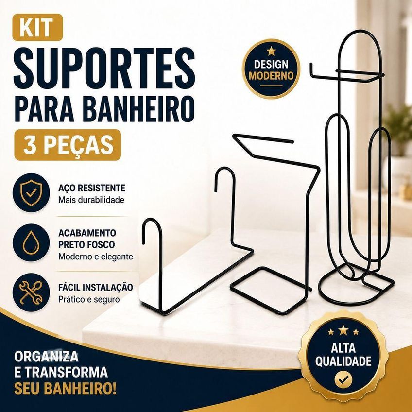 Kit 3 Suportes Para Banheiro Aramado Metal Preto Fosco Com Porta Toalhas E Papel Higiênico - imagem 4