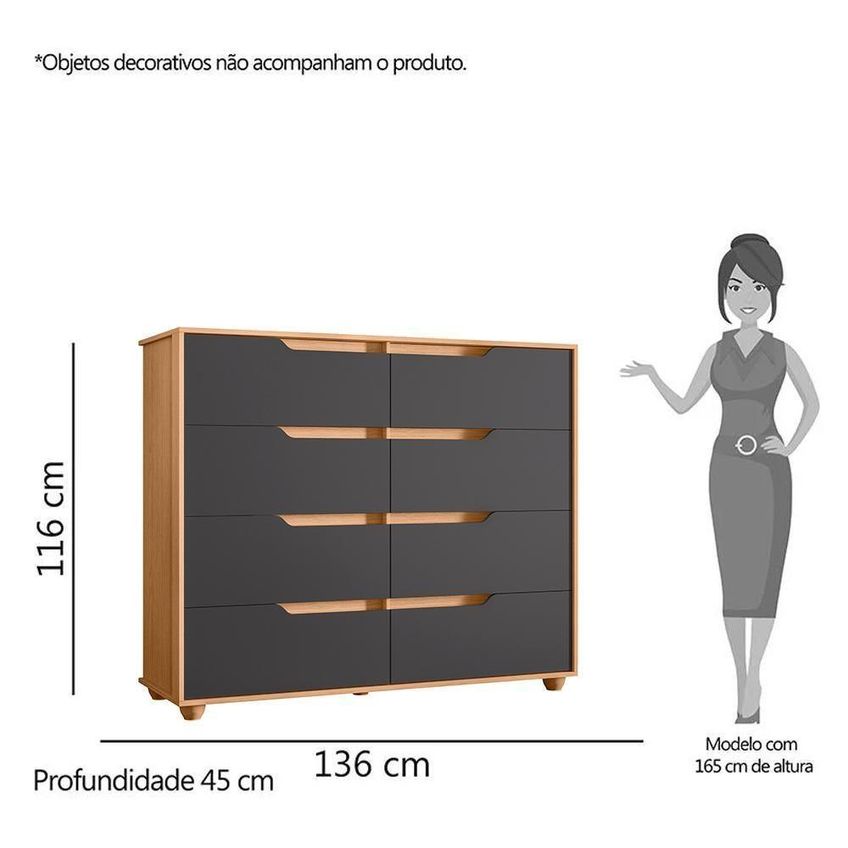 Cômoda Doble 8 Gavetas MDP Puxador em Cava Freijó e Titanium Albatroz Móveis - imagem 5