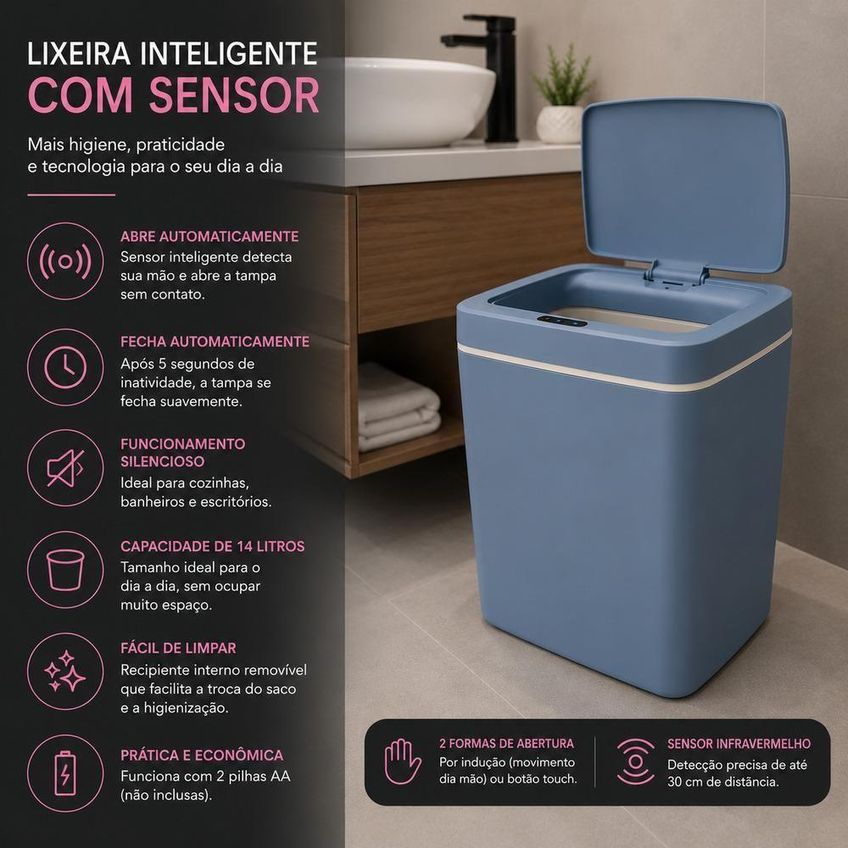 Lixeira Inteligente Automática 14l Plástico Com Sensor Infravermelho Azul - imagem 3