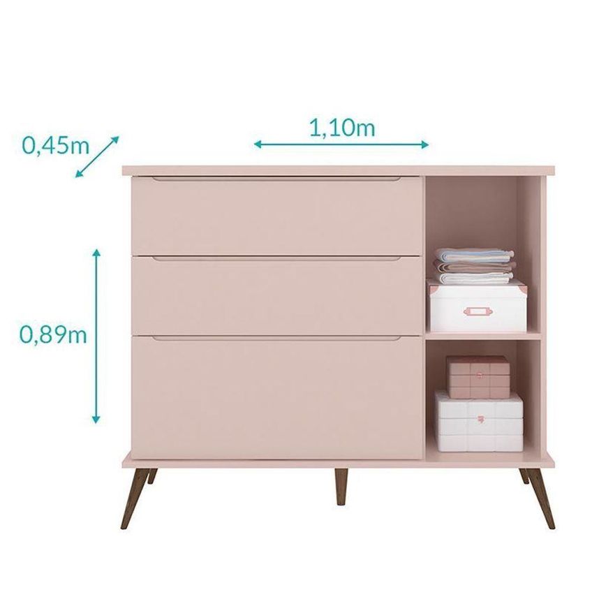 Jogo De Quarto Infantil Melinda Guarda Roupa 3 Portas Cômoda 1 Porta 3 Gavetas MDF Rosê Phoenix Baby - imagem 2