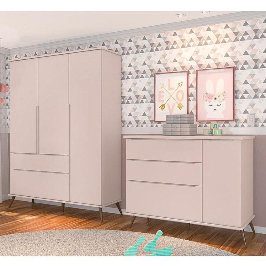 Jogo De Quarto Infantil Melinda Guarda Roupa 3 Portas Cômoda 1 Porta 3 Gavetas MDF Rosê Phoenix Baby - imagem 3