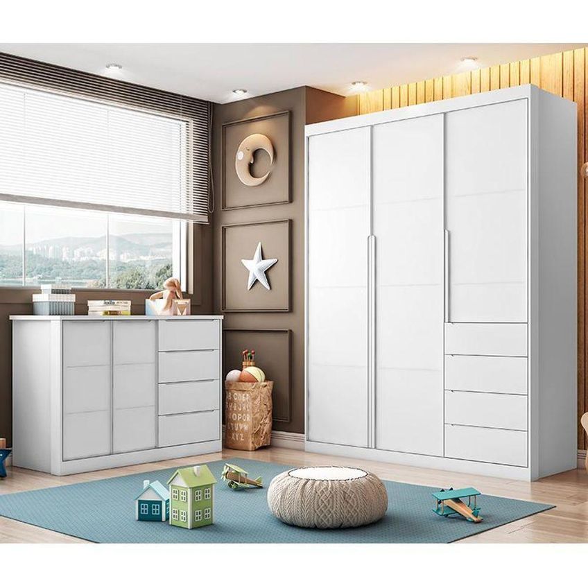Jogo De Quarto Infantil Pérola Com Guarda Roupa E Cômoda 3 Portas 4 Gavetas Mdf Branco Phoenix Baby - imagem 3
