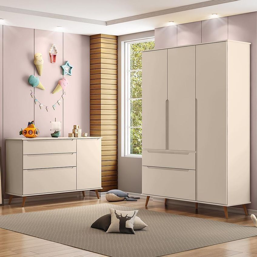 Jogo De Quarto Infantil Melinda Guarda Roupa 3 Portas Cômoda 1 Porta 3 Gavetas MDF Off White Phoenix - imagem 5