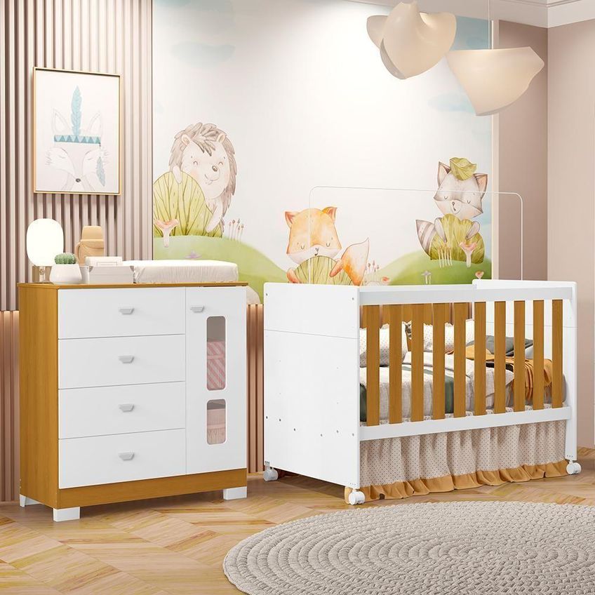 Jogo De Quarto Infantil Cômoda E Berço New Katatau Mdf Branco Fosco E Savana Reller Móveis - imagem 2