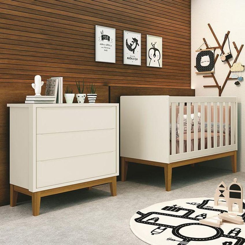 Jogo De Quarto Infantil Cômoda 3 Gavetas E Berço Classic Mdf Areia Fosco Com Pés Amadeirado Reller - imagem 5