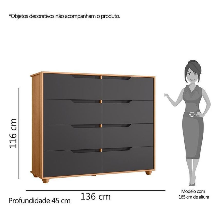 Cômoda Doble 8 Gavetas Mdp Puxador Em Cava Titânio Albatroz - imagem 5