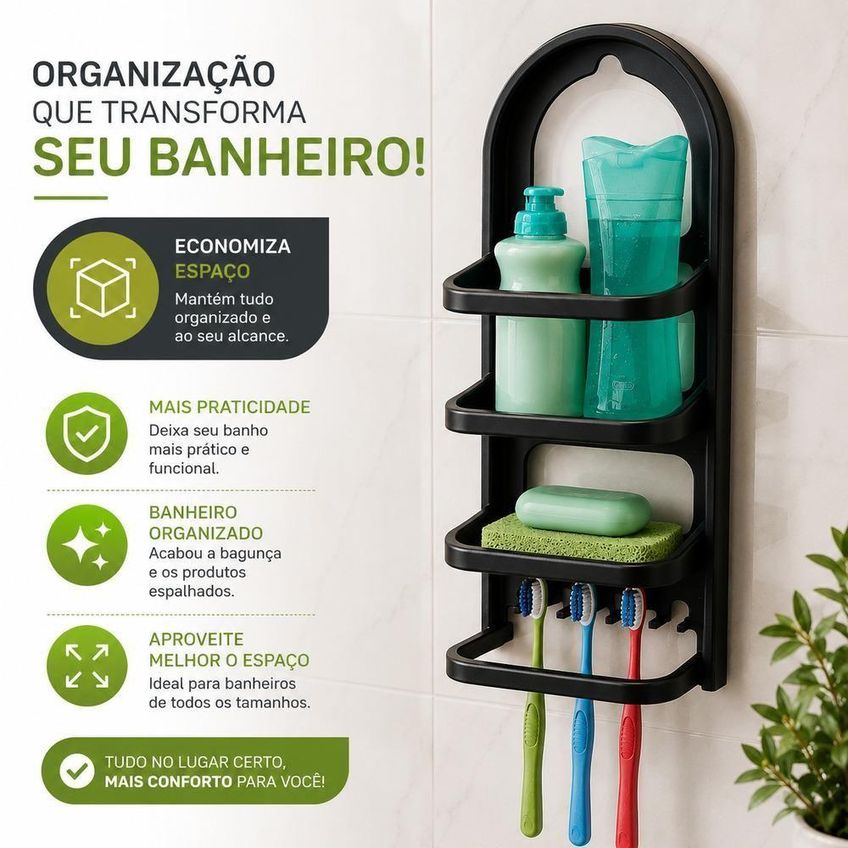 Organizador De Banheiro Porta Shampoo Com Prateleira E Gancho Plástico 17cm Preto Nitron - imagem 3