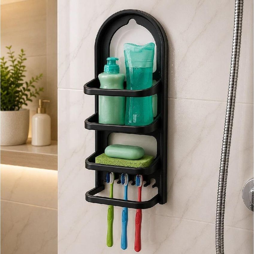 Organizador De Banheiro Porta Shampoo Com Prateleira E Gancho Plástico 17cm Preto Nitron - imagem 4
