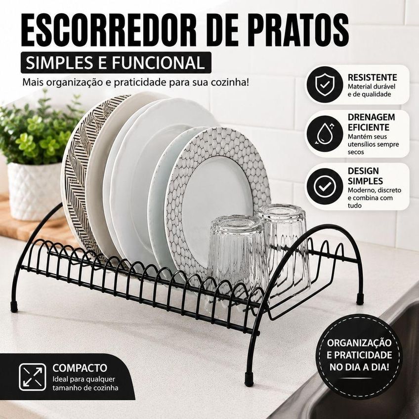 Escorredor De Pratos Simples Organizador De Pia Compacto Para Cozinha Preto Metal - imagem 2