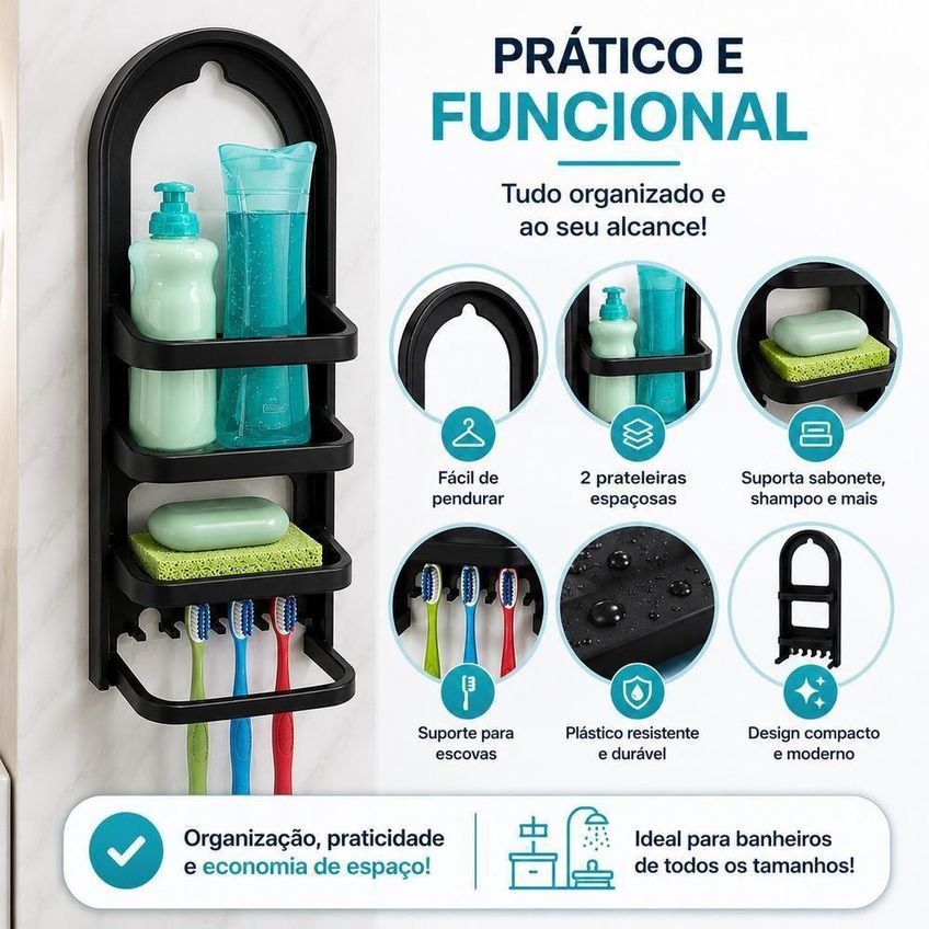 Organizador De Banheiro Porta Shampoo Com Prateleira E Gancho Plástico 17cm Preto Nitron - imagem 5