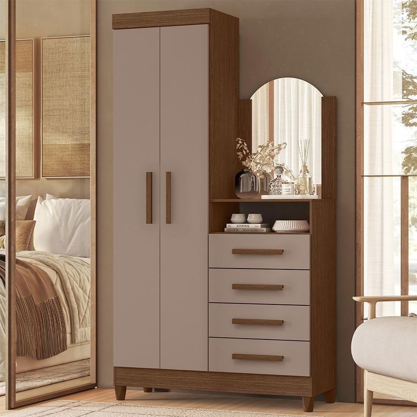 Cômoda New Capri 4 Gavetas MDP Puxador em MDF Nogueira-Capuccino com Espelho - imagem 5