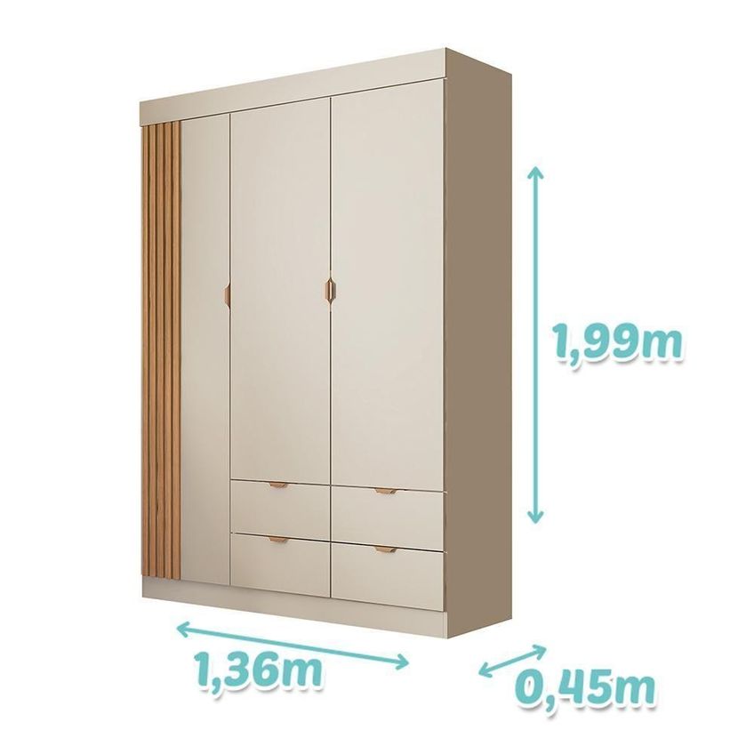 Guarda Roupa Infantil Ayla 3 Portas De Bater 4 Gavetas MDF Off White Acetinado Phoenix Baby 136cm - imagem 3