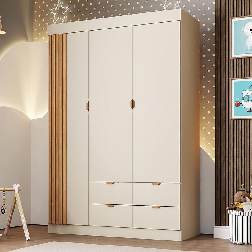 Guarda Roupa Infantil Ayla 3 Portas De Bater 4 Gavetas MDF Off White Acetinado Phoenix Baby 136cm - imagem 4
