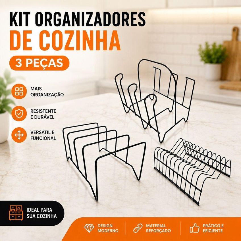 Kit Organizador De Cozinha 3 Peças Aramado Para Pratos Refratários E Copos Metal Preto - imagem 3