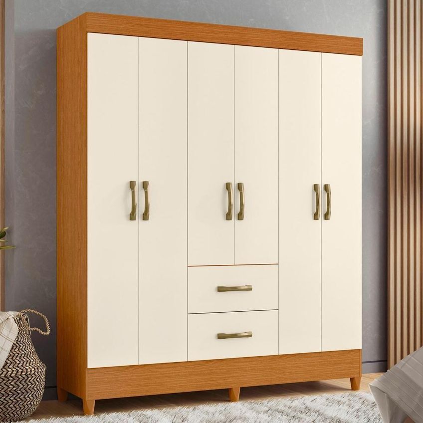 Guarda Roupa Casal Mobi 6 Portas Basculante 2 Gavetas Mdf-mdp Cinamomo-off White - imagem 2