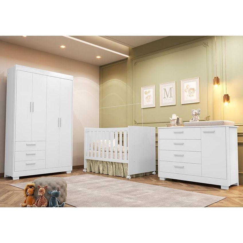 Conjunto De Quarto Zaki 4 Portas 3 Gavetas MDF 124cm Branco Fosco Com Cômoda E Berço Reller Móveis - imagem 5