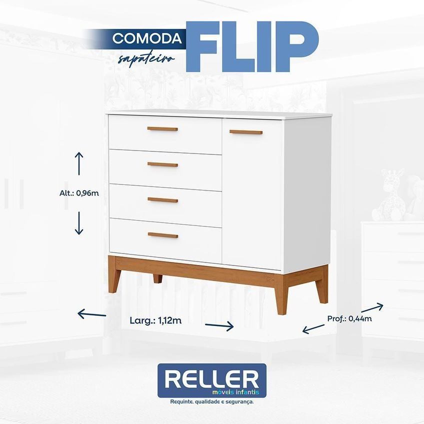 Cômoda Infantil Flip Com 1 Porta E 4 Gavetas Branco Fosco Reller Móveis - imagem 3