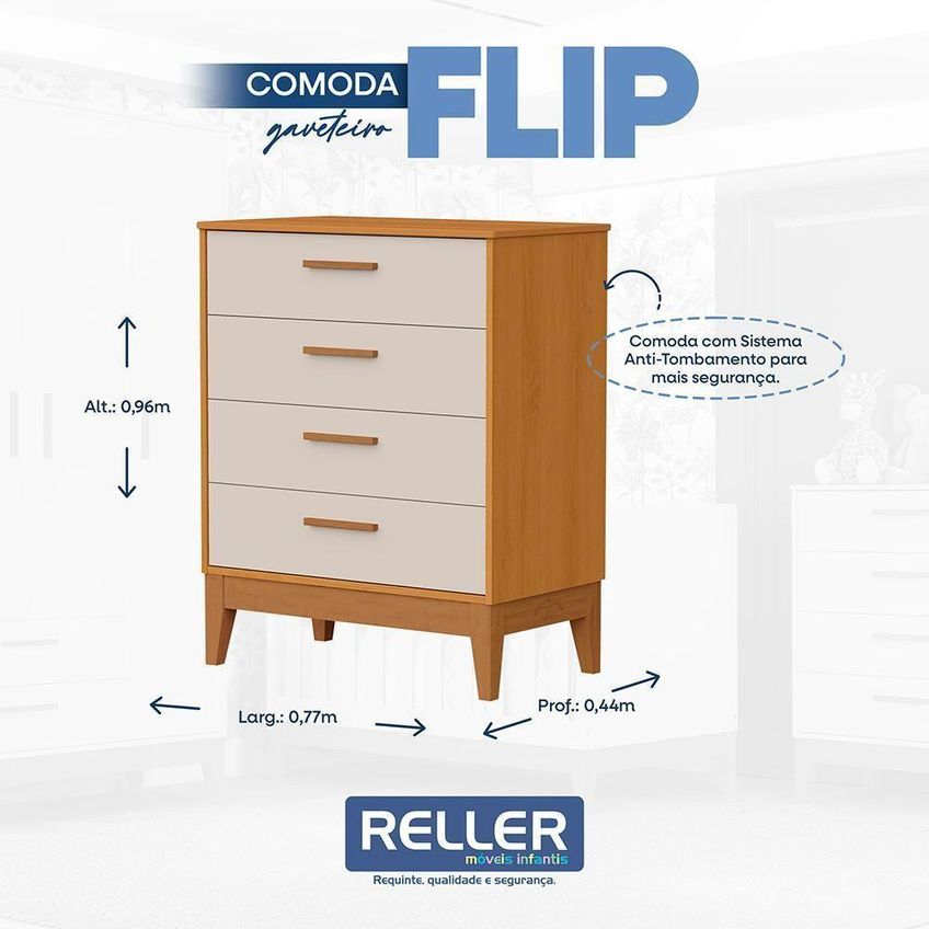 Cômoda Infantil Flip 4 Gavetas MDF Puxador em MDF Revestido Areia Fosco e Savana - imagem 4