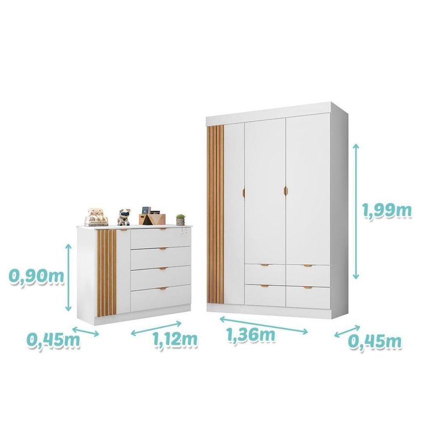 Jogo De Quarto Infantil Ayla Com Guarda Roupa E Cômoda 4 Portas 8 Gavetas Mdf Branco Acetinado - imagem 5