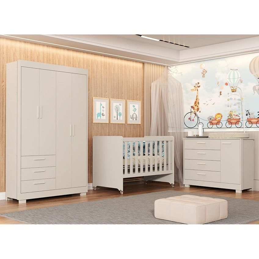 Conjunto De Quarto Zaki Guarda Roupa 4 Portas Cômoda 1 Porta Berço Evolution Com Colchão Mdf Areia - imagem 4