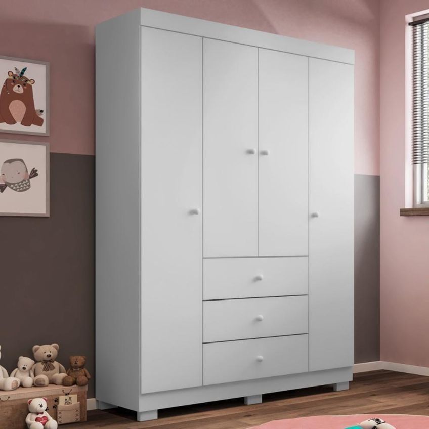 Guarda Roupa Infantil Duda 4 Portas De Bater 3 Gavetas MDF Branco Com Corrediças Telescópicas - imagem 2